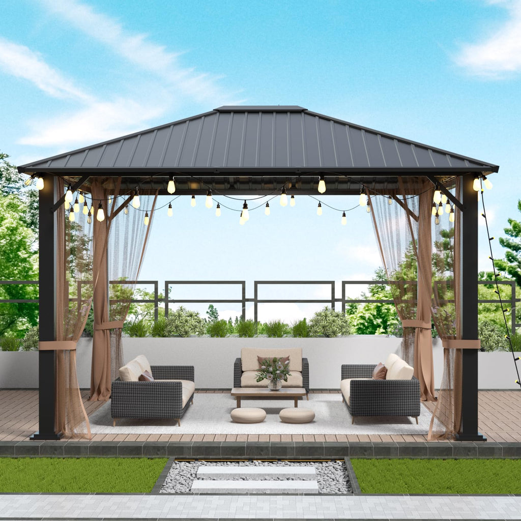10 × 12 FT Hardtop Metal Gazebo – Heavy-Duty Pergola with Netting & Galvanized Steel Roof for Patio & Backyard