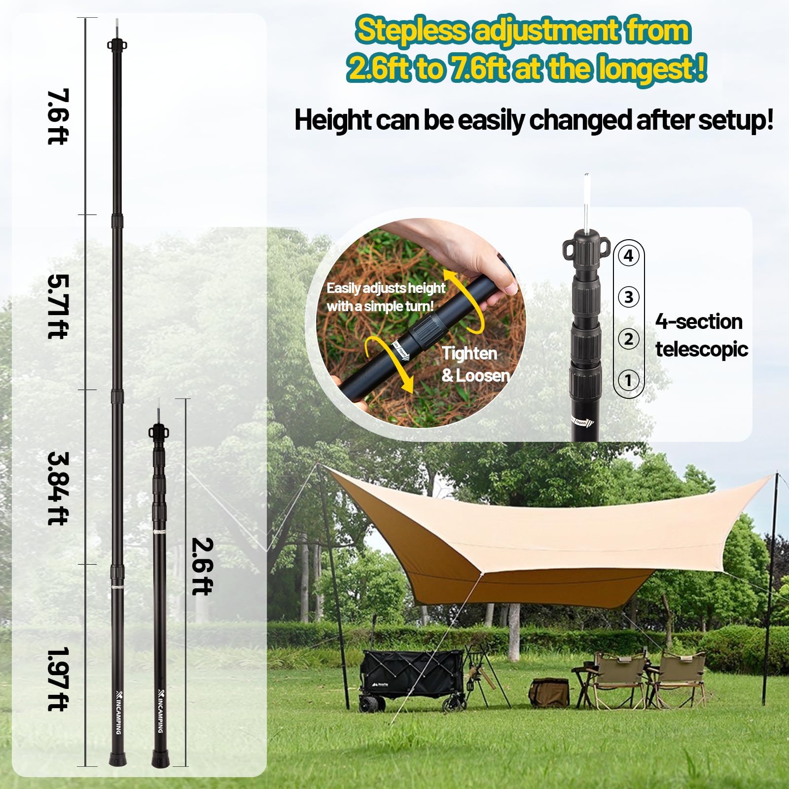 Adjustable Aluminum Tarp Poles – Heavy-Duty Awning Pole Set for Camping & Hiking (Set of 2)
