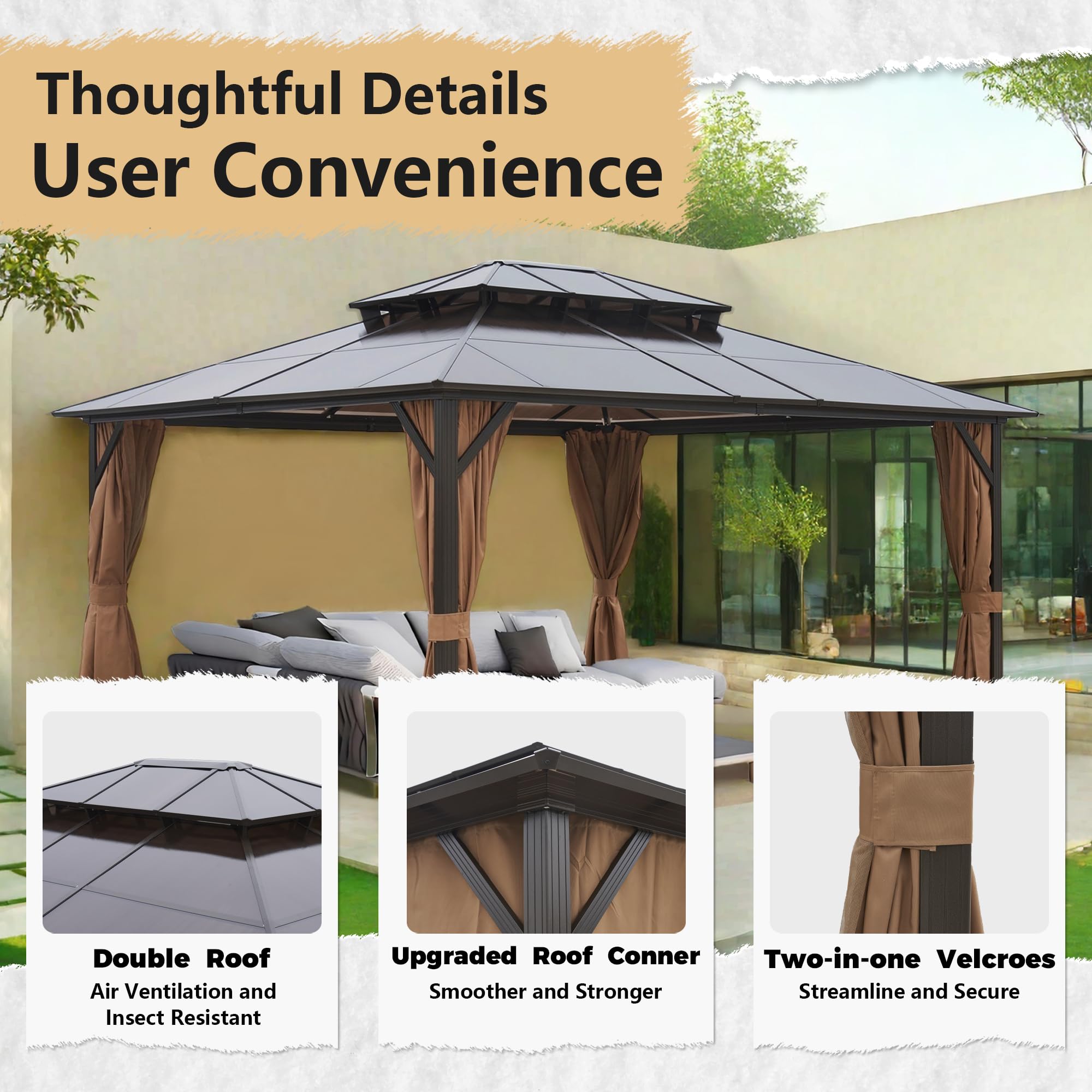 10 × 12 FT Hardtop Gazebo – Double Roof Canopy with Netting & Curtains for Patio and Backyard