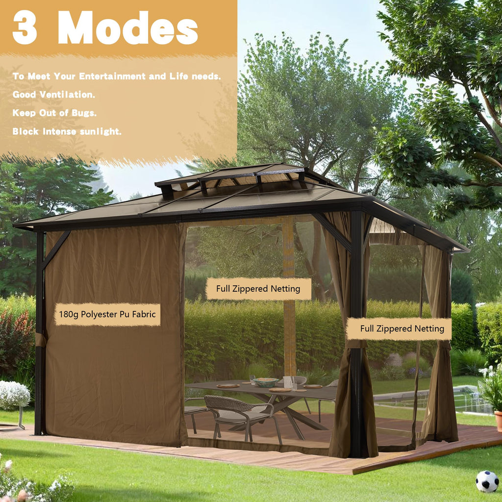 10 × 12 FT Hardtop Gazebo – Double Roof Canopy with Netting & Curtains for Patio and Backyard