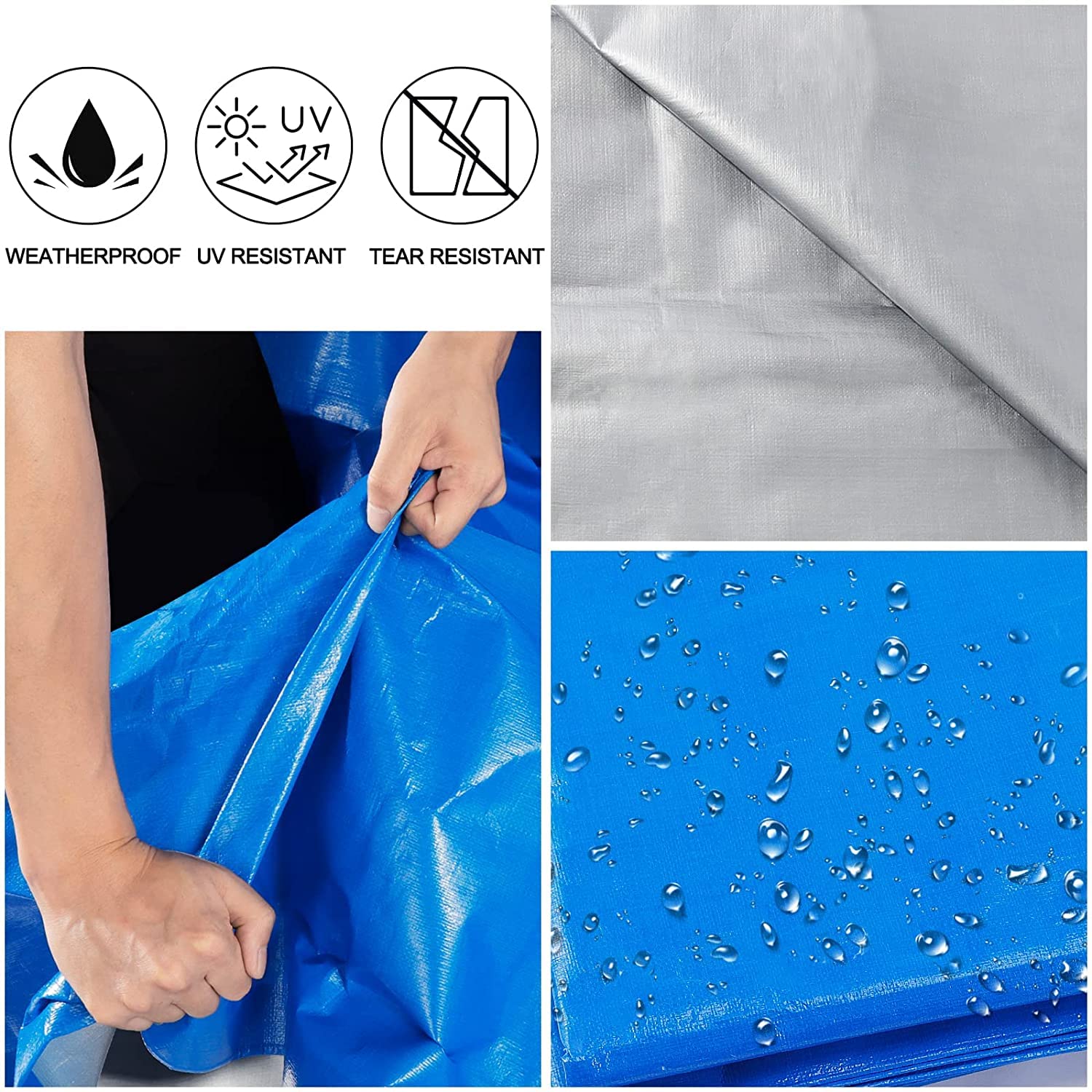 Heavy-Duty Waterproof Blue Tarp – 16 Mil Poly Tarpaulin with Reinforced Grommets for Outdoor Protection (40 × 60 FT)