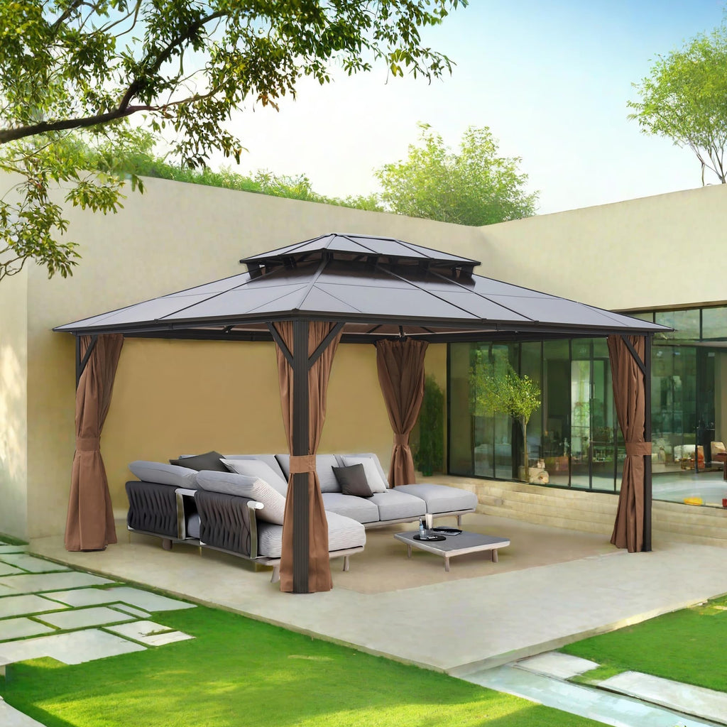 10 × 12 FT Hardtop Gazebo – Double Roof Canopy with Netting & Curtains for Patio and Backyard