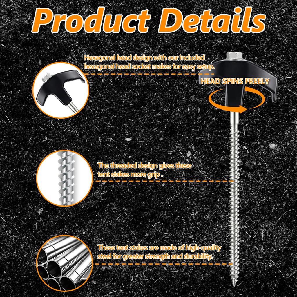 8-Inch Screw-In Tent Stakes – Heavy-Duty Ground Anchors for Canopies, Camping & Outdoor Use