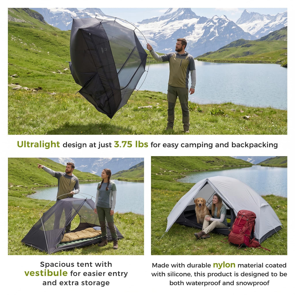 Ultralight 1–2 Person Backpacking Tent – 20D SilNylon 4-Season Waterproof Freestanding Shelter with Vestibule